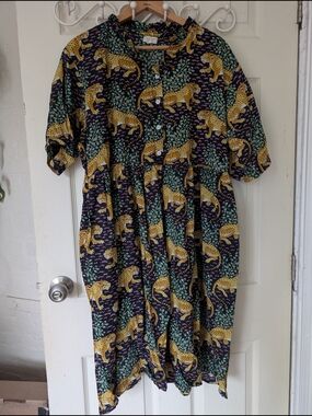 Yellow Leopard Print Midi Dress 100% Cotton L/XL
